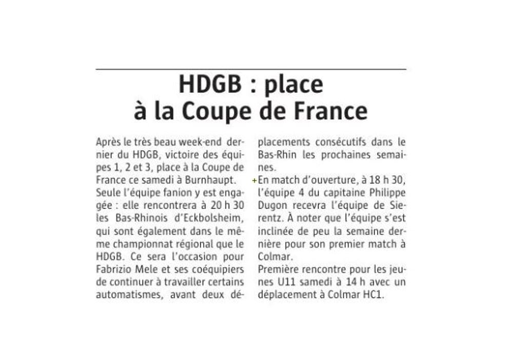 HDGB : place à la Coupe de France